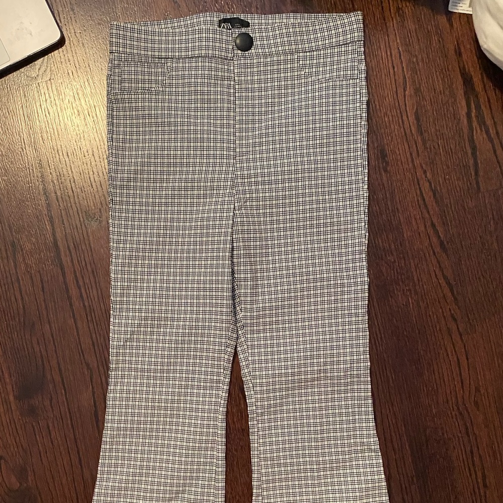 zara plaid boot leg pants